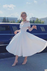 Ivory Satin Off Shoulder A-line Ankle-length Wedding Dress, Bridal Gown